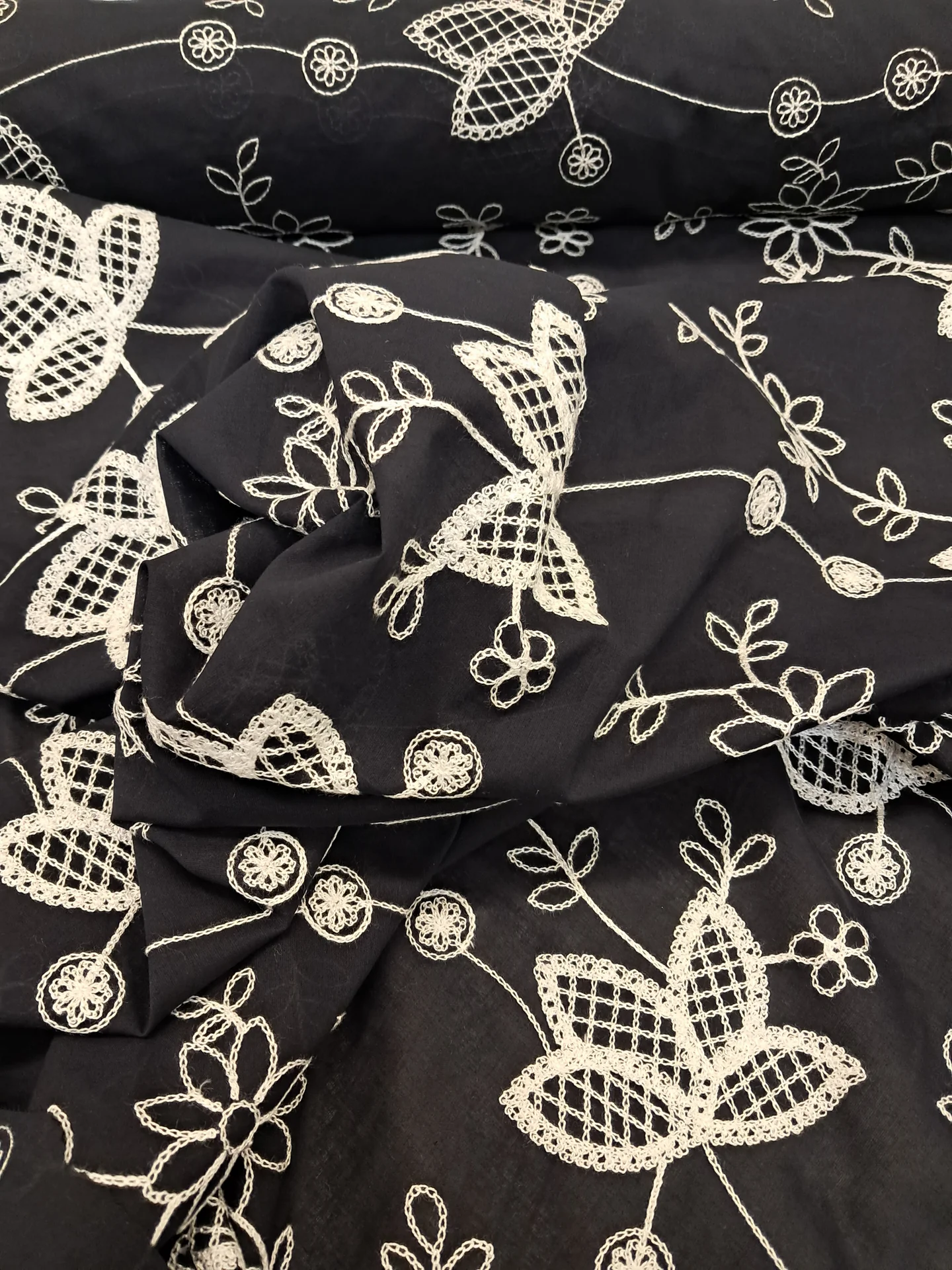 Fabric Lark Embroidered Cotton Dark Navy Ivory
