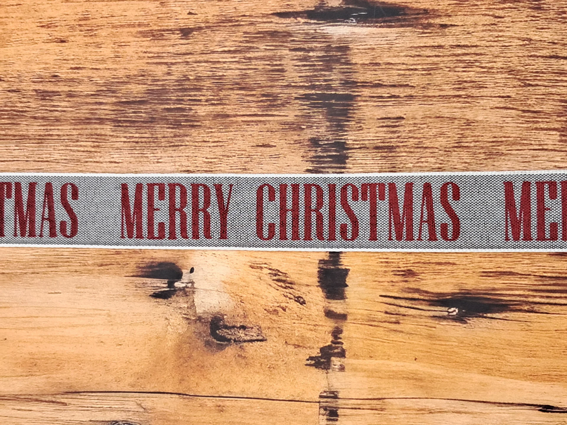 Ribbon Linen Merry Xmas Beige 25mm