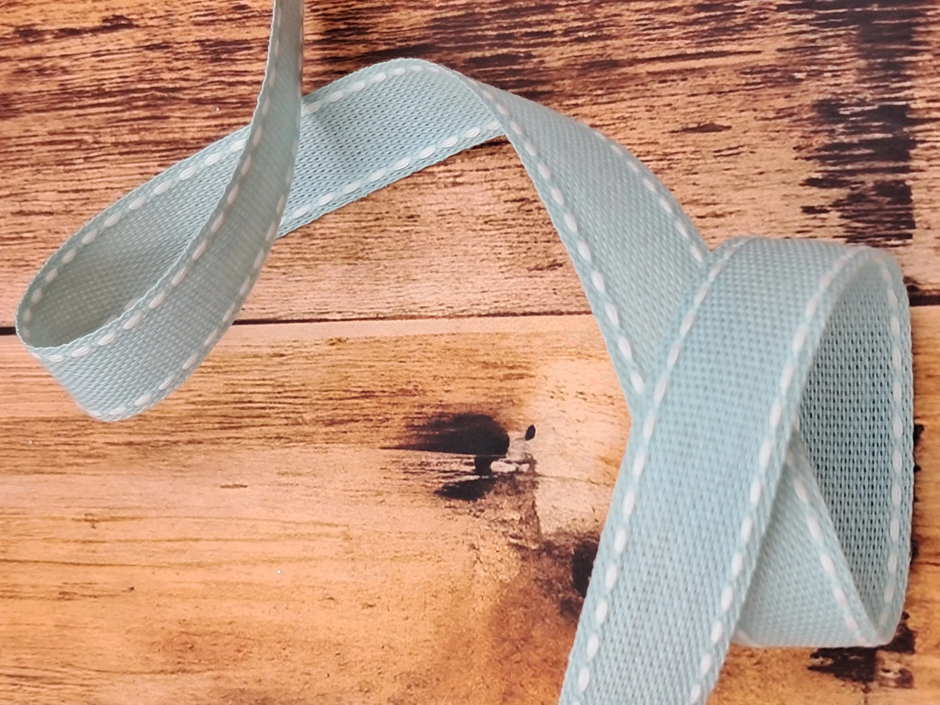Ribbon Mint Green White Stitch 16mm