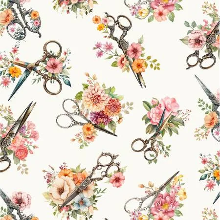 Sewing Tossed Floral Scissors Cream