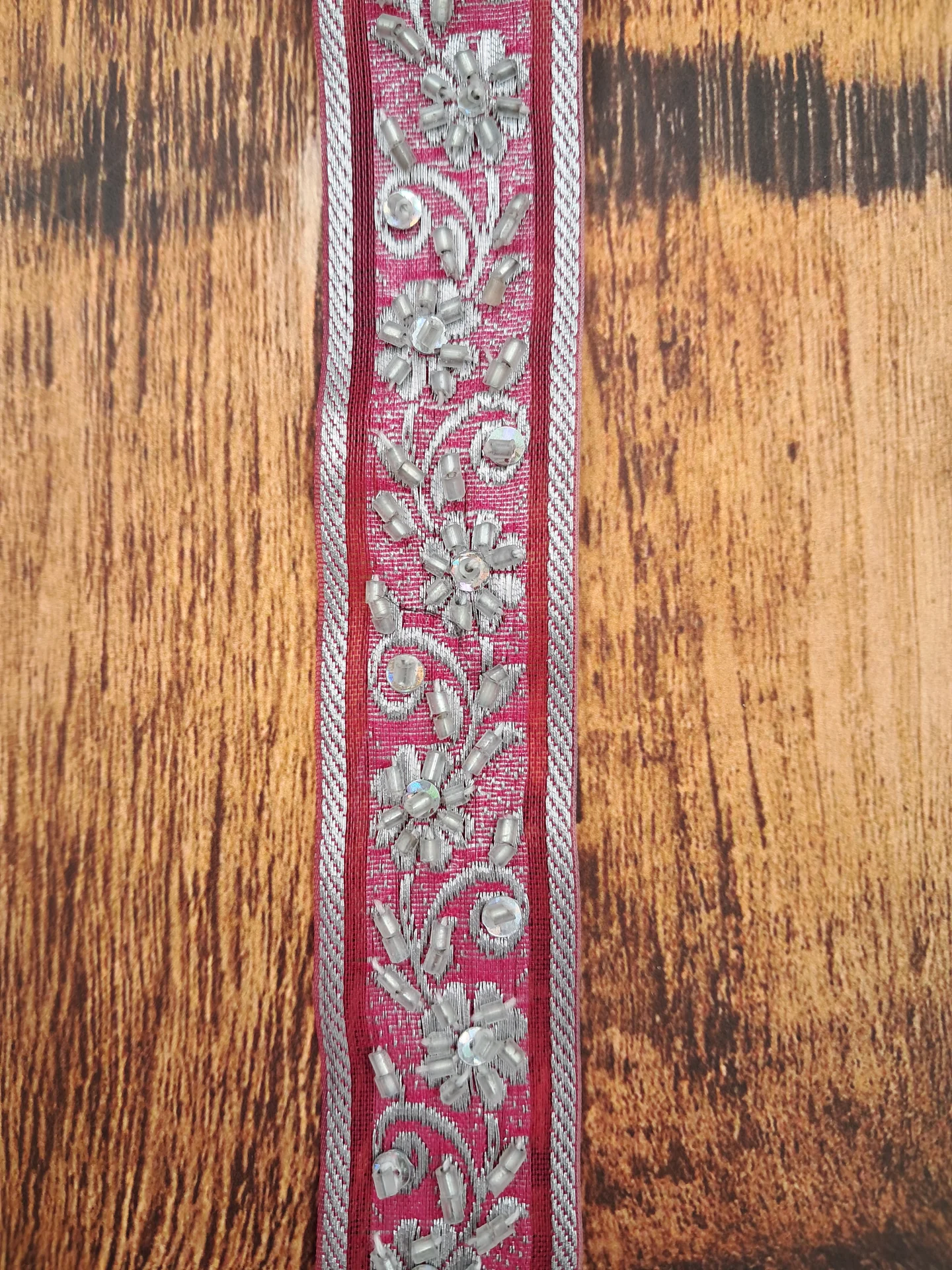 Trim Fancy Silver Rose Pink Embroidered With Beads And Sequins